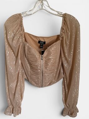 privy Nude Sequin Puff-Sleeve Zip Crop Top